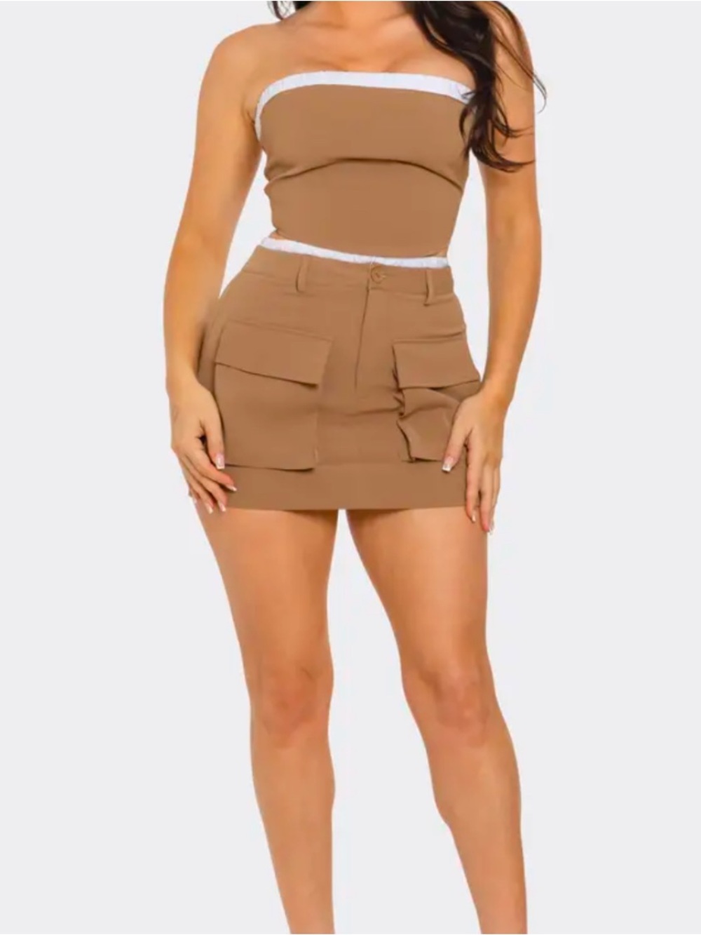 Women's Tan Cargo Mini Skirt and Top Set